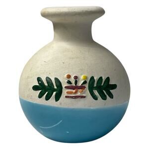 VTG Tiny Ceramic Blue White Vase w/ Painted Multicolor Front Design, Chipped Rim